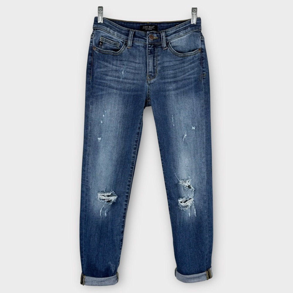 Judy Blue Relaxed Fit Jeans 5/27 Mid Rise Distressed Denim Chic Dark Wash 8271DK